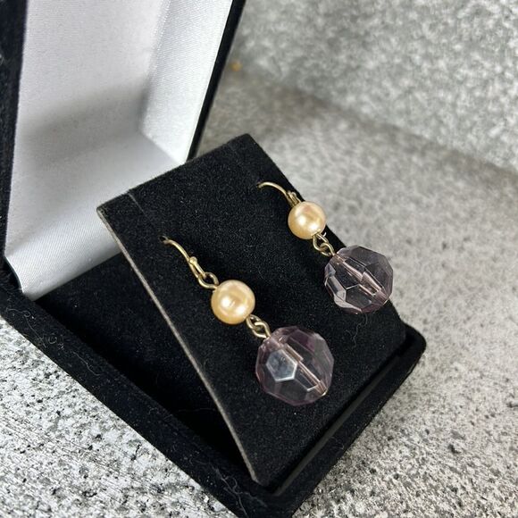 Beaded Earrings Ivory & Purple with Gold Toned Hardware - Picture 1 of 3